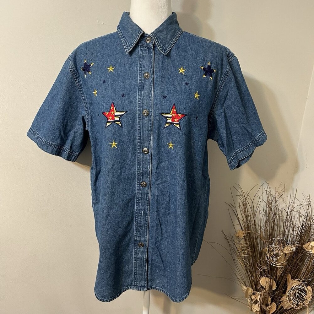 Vtg Mary Jane Denim Button Up Shirt Dark Wash Blue Embroidered Stars Flag Sz M